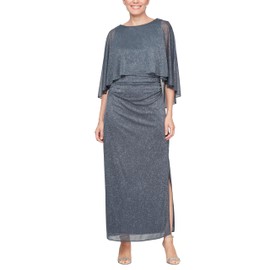 S.L. Fashions Women's Long Glitter Mesh Capelet Gown with Side Slit, Wedding Guest, Formal Dress (Petite and Regular Sizes), Smoke