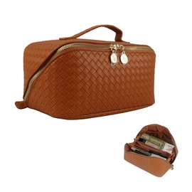 Large Capacity Travel Makeup Bag Organizer Makeup bag Set – Includes Transparent Pouch & Dust Bag PU Leather Cosmetic Bag Toiletry Bag for Women With Dividers, Handle Portable Design (Brown)