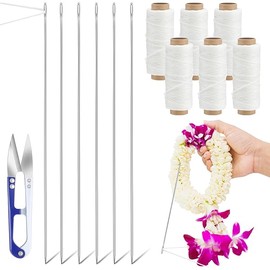 Leriton 13 Pcs Lei Needle Kit Include 6 Pcs Stainless Steel Long Needle 6 Twine 1 Sewing Scissors for DIY Marigold Garland Hawaiian Flowers Bead Stitch Craft(14'',Basic Style)