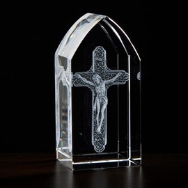 Trinity Church Supply Crucifix Etched Glass Christian Decoration Religious Sculptures, 3-1/4 Inch Height