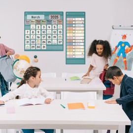 Ctosree 2 Pcs Classroom Monthly Calendar Pocket Chart with 71 Daily Schedule Pocket Chart Cards with 26 Double Sided Reusable Cards for Homeschool Preschool(Lake Blue)