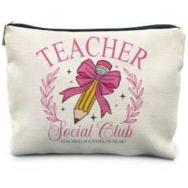 RYYCDOI Coquette Hot Pink Bow Teacher Makeup Bag, Teacher Appreciation Gifts Cosmetic Bags for Women, End of Year Teachers Gifts, Teaching Is a Work of Heart Zipper Makeup Pouch for Teachers