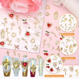 130 Pcs Gold Butterfly Star Nail Charms and Gems, Cross Star Nail Charm, Alloy Gold Cherry Flower Rose Pink Heart Nail Art Charms for Acrylic Nails DIY Y2K