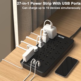 Surge Protector Power Strip, 1875W/15A, 2000J, 22 Outlets Expansion with 5 USB Ports(1 20W PD), Low-Profile Flat Plug, Wall Mountable, 6ft Heavy Duty Extension Cord, Black
