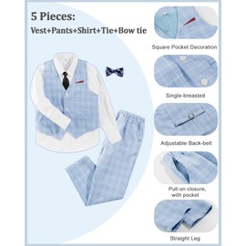 LOLANTA 5-Piece Kid Boys Waistcoat Suit Set, Page Boy Checked Wedding Birthday Party Gentleman Suits, Vest Pants Shirt Bow Tie Formal Wear Outfits（Blue, 4-5 Years, Tag Size 110