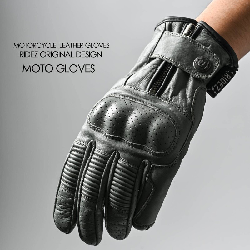 RIDEZ RLG2201-GR-M Motorcycle Genuine Leather Gloves, Smartphone Compatible, Men's Protector,
