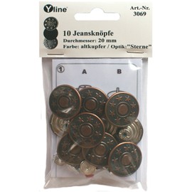 Yline 10 Jeans Buttons, Antique Copper, 20 mm, Jeans Buttons, Metal Buttons, Sew-Free, in SB Pack, SL, 3069