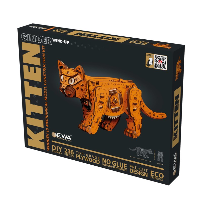 EWA Eco-Wood-Art Ginger Kitten Mechanical Wooden Kit with Spring Motor