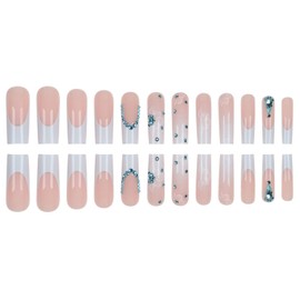 Long Press on Nails Square Fake Nails - White Flowers Glue on Nails Light Blue French Glue on Nails Translucent Nails Press ons Rhinestones & Summer Stick on Nails for Women 24 Pcs