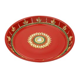 Handcrafted Pooja Thali Plate Platter Engagement Plate Stainless Steel Puja Thali with Essential Pooja Articles for Indian Traditional Festival New Year Decoration Aarti Puja Item (Size-10)(Red)