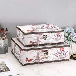 Hipiwe Vintage Treasure Chest Box Wooden + PU Leather Decorative Keepsake Box Large Wooden Storage Box Memento Case Box for Jewelry Photos Books Gift Box Home Decor, Lavender Pattern