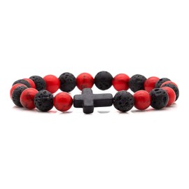 Fusamk Fashion Yoga Natural Stone Bracelet Religious Cross Beads Link Bracelet.7.5" Wrist (Black Cross/Lava/Red Turquoise)