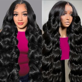 PINKEAGLE 28 Inch 13x6 Lace Front Wigs Human Hair 200% Density Body Wave HD Lace Front Wigs Human Hair Pre Plucked Glueless 13x6 Full Frontal Wig for Women Natural Black