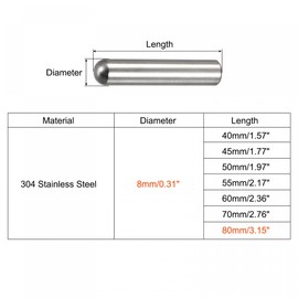 sourcing map 8x80mm Dowel Pins, 5pcs 304 Stainless Steel Round Head Flat Chamfered End Dowel Pin Bunk Bed Pins Shelf Pegs Support Shelves Fasten Elements
