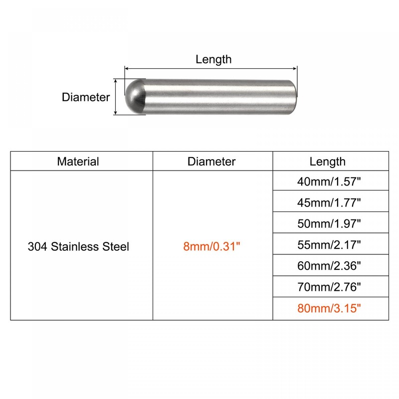 sourcing map 8x80mm Dowel Pins, 5pcs 304 Stainless Steel Round