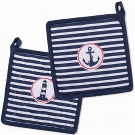 Set of 2 Pot Holders, Oven Gloves, Heat-Resistant, Washable, for Cooking, Baking (20 x 20 cm, Striped Maritime)