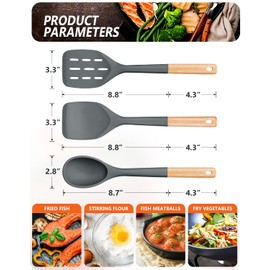 Pack of 3 Silicone Spatula, Non Stick Cooking Utensil Set, Wooden Handle Kitchen Turner for Baking Mixing Grilling Serving Food Heat Resistant, Grey