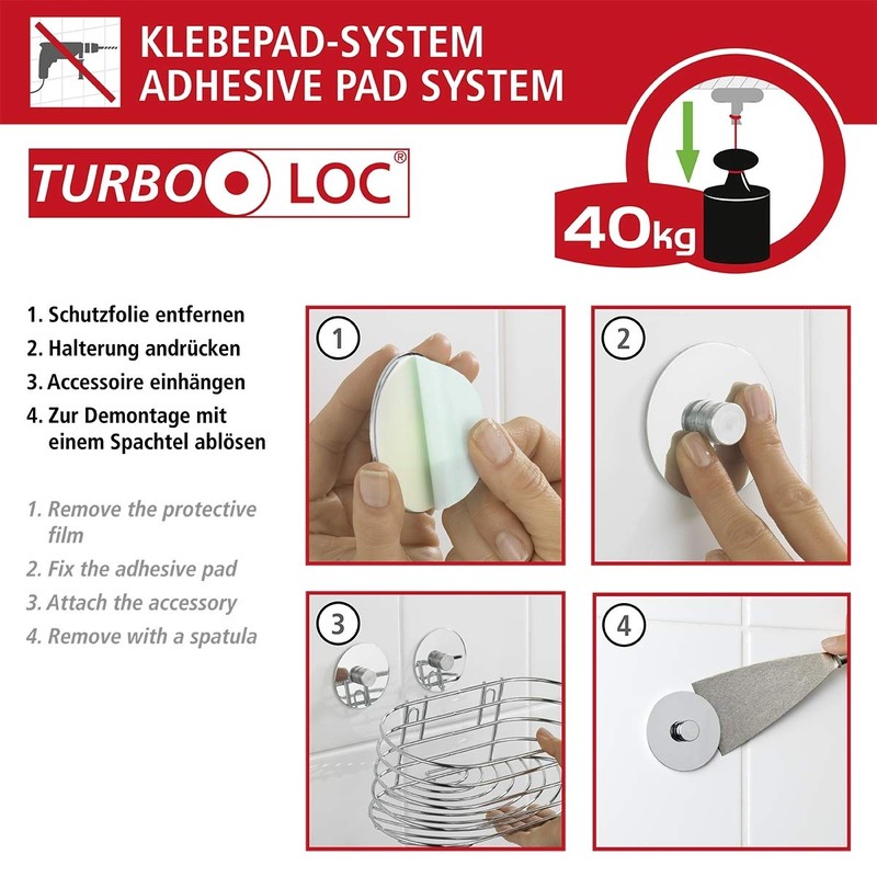 WENKO 18913100 Turbo-Loc corner shelf - fixing without drilling, Steel,