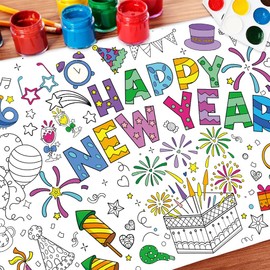 Happy New Year Coloring Poster Tablecloth – 51 x 30 Inch Giant DIY Paper Banner with Fireworks, Party Hats, and Festive Designs – Art Activity for New Year’s Eve Party, Classroom or Holiday Home Decor