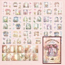 Scrapbook Accessories Set, 54 Sheets Garden Flowers Street Scenery Pre-Cut Transparent Washi Stickers Made of PET with Collage Paper, Ephemera for Junk Journaling, Scrapbooking