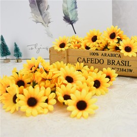 UUYYEO 100 Pcs Artificial Flower Heads Mini Fake Sunflower Decorative Fabric Flowers Craft Floral Embellishments for Wreaths Wedding