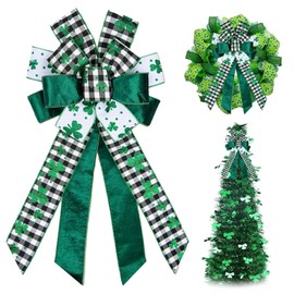 HIENAJ Large St. Patrick's Day Bows for Wreath, Black White Buffalo Plaid Bow Green Velvet Wreath Bows Holiday Burlap Tree Topper Bows for Front Door Saint Patrick's Day Decorations Supplies