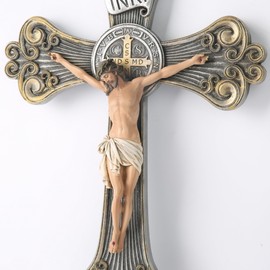 Crucifijo católico de San Benito BC Crucifijo, decoración de pared inspiradora de Jesucristo para un hogar elegante y moderno, regalos para mamá, aspecto de talla de metal, 12 pulgadas de alto,