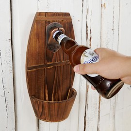 Wooden Wall Mounted Beer Barrel keg Bottle Opener, Vintage Traceless Bottle Opener with Cap Collector Catcher, Ideal Gift for Men and Beer Lovers, Use as Bar Decoration.