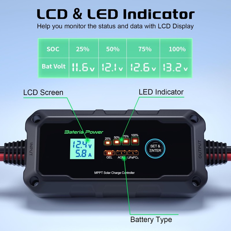 Bateria Power 10A 12V MPPT Solar Charge Controller, Intelligent Solar
