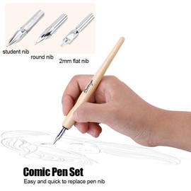 Eboxer Wooden Dip Pen Holder Set, 3 Different Stainless Steel Nibs and 1 Ink for Drawing/Manga/Calligraphy/Comic