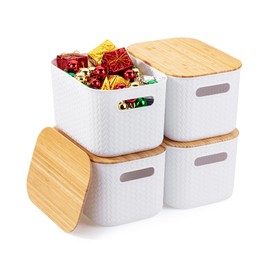 BAMBOO LAND- Plastic Storage Baskets with Bamboo Lid, 4 pcs, White Storage Bins, Plastic Storage Basket with Lid, Pantry Storage Baskets with Lids, Storage Basket Plastic, Stackable Storage Bins