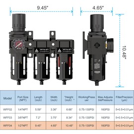 ATINY Three Stage Air Drying System, 1/2" NPT Air Dryer System Air Compressor Filter Dryer,5 &0.5 &0.01 Micron Filter Cartridge,Semi-Auto Drain,Metal Bracket-Blue