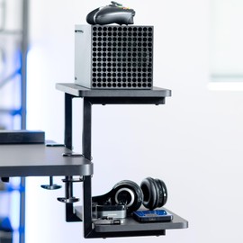 VIVO Clamp-on 16 inch Flexible 2-Tier Shelving Unit for Table Accessories, Gaming Devices, and More, 4 Configuration Options, Desktop Organizer, Black, DESK-SHELF2CS