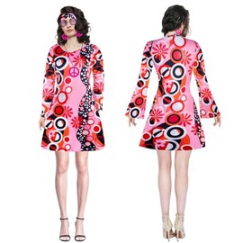 Kitimi Hippie Kostüm Damen 60er 70er Jahre Bekleidung Damen, 60er 70er Disco Kostüm Damen, Faschingskostüme Flower Power Kleidung Damen, 7-teiliges Hippie Kostüm Set mit Hippie Kleid Hippie Accessoires