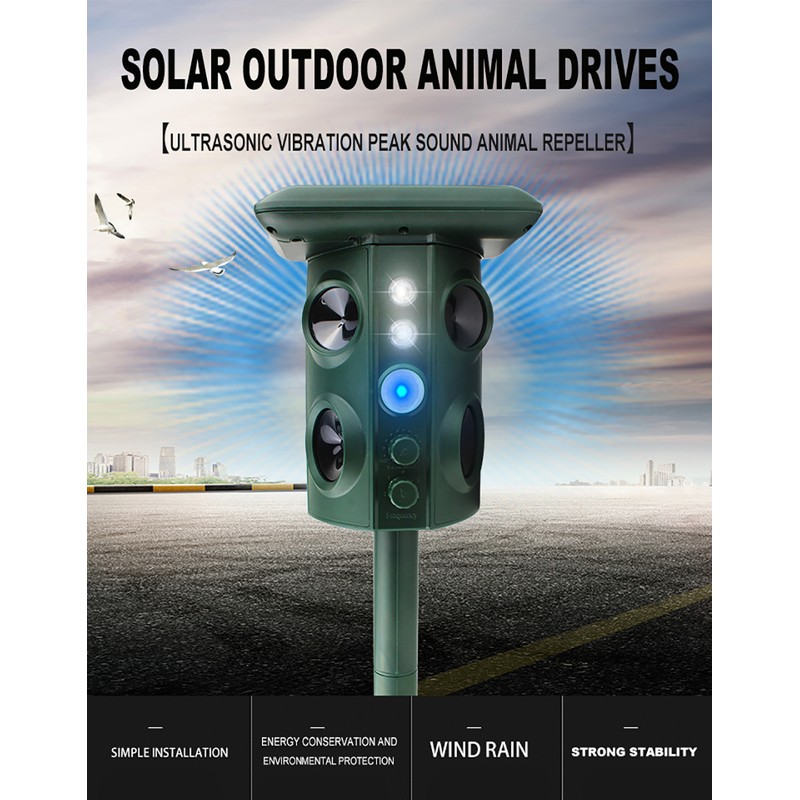 Solar Ultrasonic Animal Pest Repeller Outdoor Four Speakers Mechanical Wave