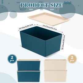 Menkxi 4 Pcs Storage Bins with Lids Plastic Storage Containers Stackable Storage Box Baskets for Organizing Shelves (Beige, Blue,Small)