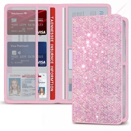 Mulixis Bling Car Registration and Insurance Holder Crystal Rhinestone Car Paperwork Organizer for Women Diamond Id Card Holder（Long Bling Pink）