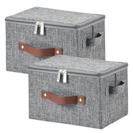 VinneGenzz 2 Pack Storage Bins with Zipper Lid Cotton Linen Fabric Lidded Storage Baskets Boxes Foldable Washable Closet Shelf Clothes Organizer Container with PU Leather Handles (Gray, Small Size)