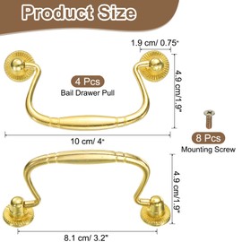 uxcell 4pcs Bail Pull Handle, 4 Inch Bail Drawer Pull Swing Drawer Pulls, 81mm/3.2 Inch Hole Centers, for Wooden Dresser Cupboard Light Gold