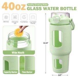 BLUEGO 40 oz Glass Water Bottles with Straw Time Marker, Glass Tumbler with Handle Top Lids, Easy to Clean, Fits in Car Cup Holder, Leakproof Jug for Gym, Sports, Workout & Daily, Green