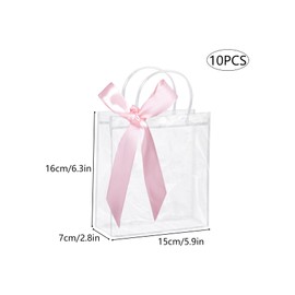 10 Pack Clear Gift Bags with Pink Ribbons, 16× 15× 7 cm Small Clear Plastic Gift Bags with Handles Clear Party Bags for Favors