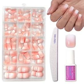150Pcs Ombre False Nails Short - Square Press on Nails Set - Natural Nude Fake nails with Glue - Stick on Nails -15 Size Square Nail Tips Long Lasting for Women DIY French Manicure