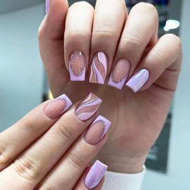 BAOYAALIN Press on Nails Medium Square French Purple Fake Nails with Swirl Glitter Design Full Cover Press ons Artificial Acrylic False Stick on Nail for Women Girls Daily Wear Wedding Manicure 24Pcs