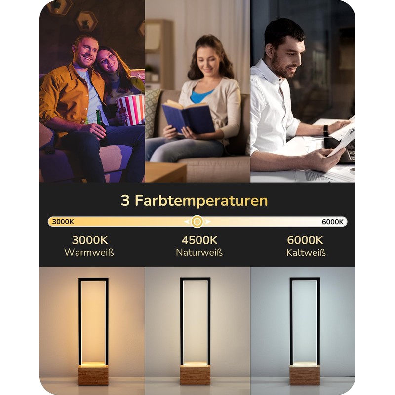 EDISHINE LED Wooden Table Lamp, Touch Dimmable & Memory Function,