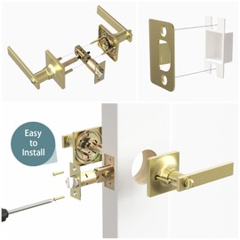 Voraus 6 Pack Brushed Gold Door Handles - Privacy Door Levers Set, Keyless Interior Door Knobs, Modern Heavy Duty Square Door Lock for Bedroom or Bathroom, Reversible for Left Right Sided Doors