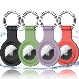 R-fun Airtag-Halter mit Schlüsselanhänger, [4 Stück] wasserdichte Silikon-AirTag-Hülle mit Schlüsselringen für Geldbörse, Hundehalsband, Gepäck und Schlüssel,Schwarz/Avocado/Bananenlila/Rot