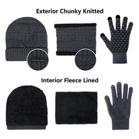 3-Pieces Winter Beanie Hats, Scarf and Touch Screen Gloves Set for Men and Women, Warm Knit Cap Set Black Light Grey