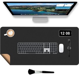 Dual-Sided Desk Pad with Mini Keyboard Brush, 31.5'' x 15.7'' Natural Cork & PU Leather Desk Protector Mat, Waterproof Non-Slip, Computer Desk Mat, Desk Matt for Desktop for Office and Home Work