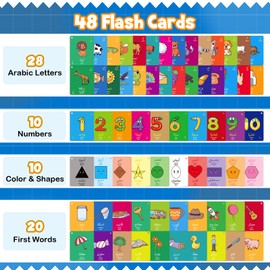 Kasfalci 48 Arabic Flash Cards for Kids,Toddler,Beginners Adult,Learn Arabic Alphabet Letters,Number,Color,Shape & Sight Words,Educational Toys with English Transliteration for Classroom & Homeschool