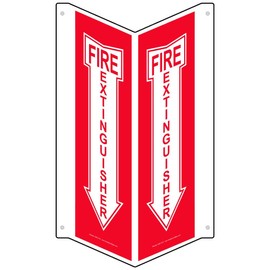 ComplianceSigns.com Fire Extinguisher Wall Sign, Triangle Projection-Mount 14x4 in. Aluminum for Fire Safety/Equipment